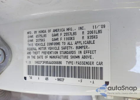 2010 Honda Accord 3.5 Ex-L z USA, uszkodzony, nr VIN 1HGCP3F85AA006686